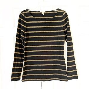 Banana Republic black & metallic gold striped long sleeve stretch pullover top M